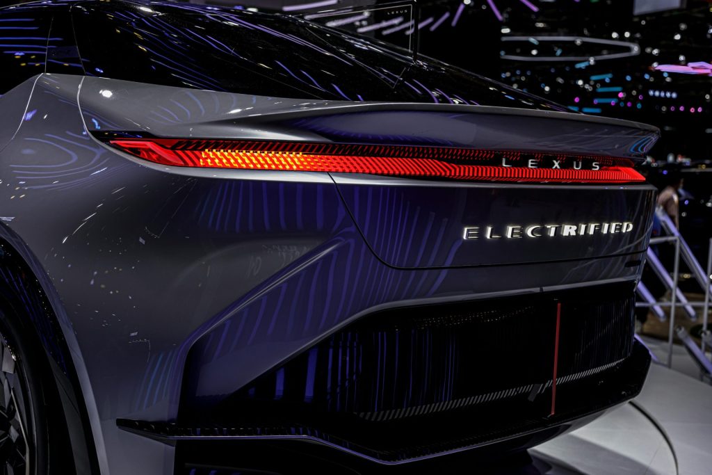 Close-up of a Lexus Electrified car showcasing modern design and lighting.
